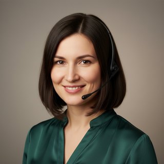 Портрет ассистента платформы «Ника»: женщина около тридцати с каре, гарнитура с микрофоном, тёмно-зелёная блузка.