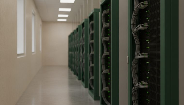 Ряд серверных стоек в чистом машинном зале, мелкие зелёные огоньки состояния, аккуратно уложенные кабели; надписей на оборудовании нет. Снимок нарисован машиной.